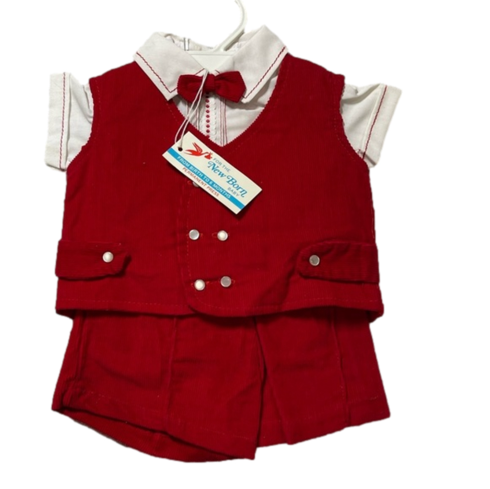 Baby boy vintage short suit, cotton corduroy, red & white. 3-piece. NWT. 0-6 mos - Picture 2 of 8